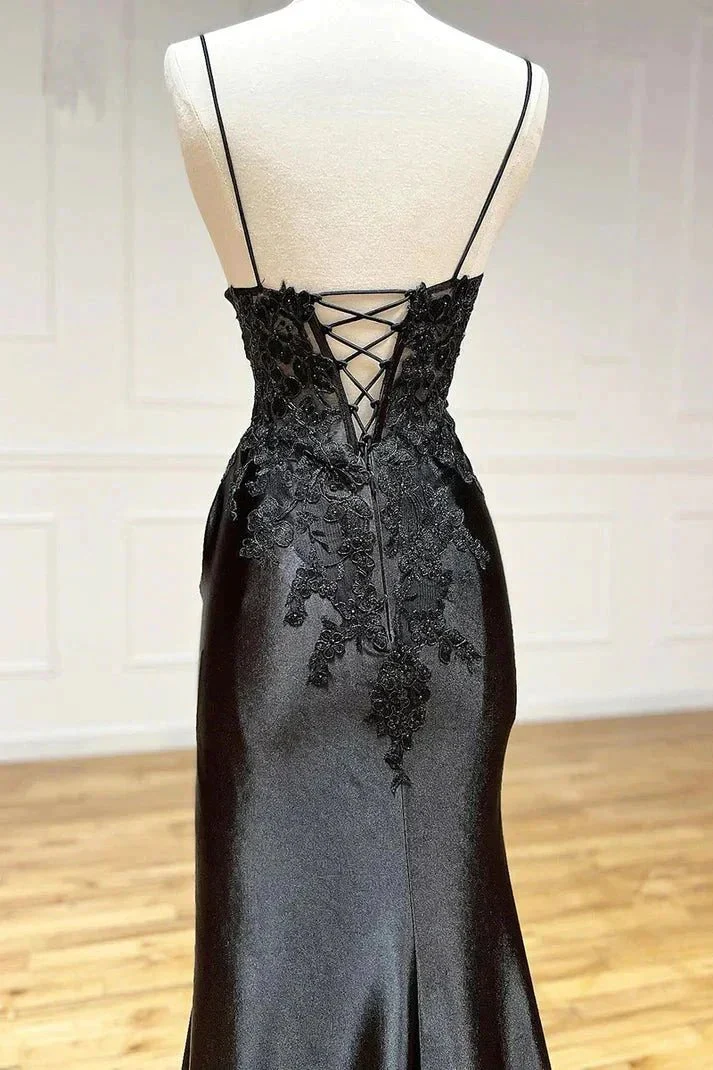 Spaghetti Straps Appliques Side Split Black Long Prom Dress  PSK440 - Image 3
