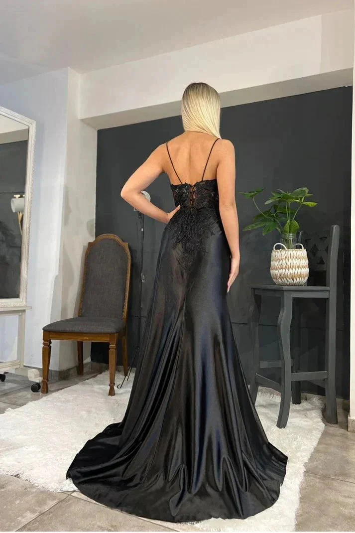 Spaghetti Straps Appliques Side Split Black Long Prom Dress  PSK440 - Image 5