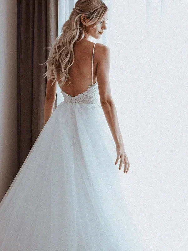 Spaghetti Straps Beaded Appliqued A-line Tulle Wedding Dresses WD550 - Image 4