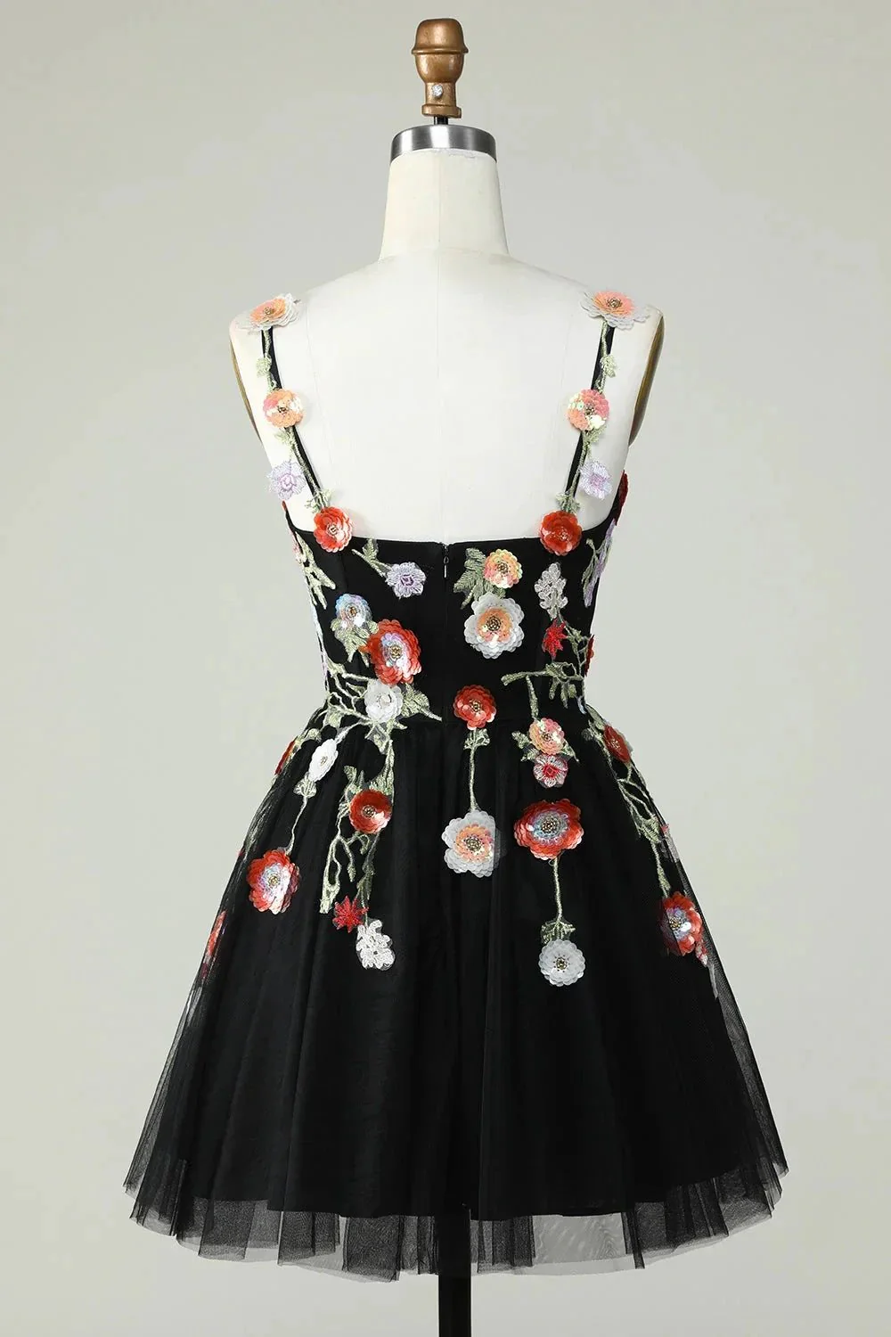 Black A Line Spaghetti Straps Sequin Homecoming Dress with Flowers - Image 2