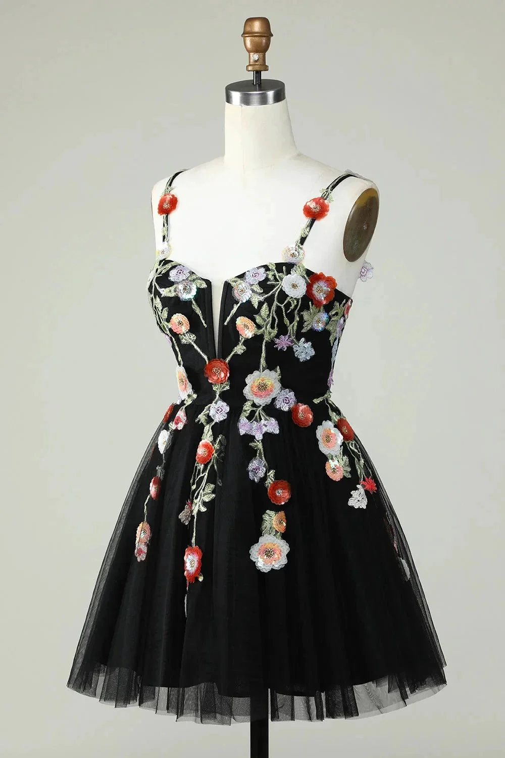 Black A Line Spaghetti Straps Sequin Homecoming Dress with Flowers - Image 3