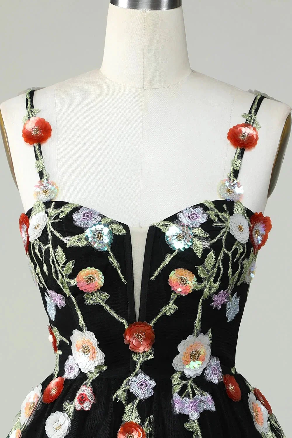 Black A Line Spaghetti Straps Sequin Homecoming Dress with Flowers - Image 4