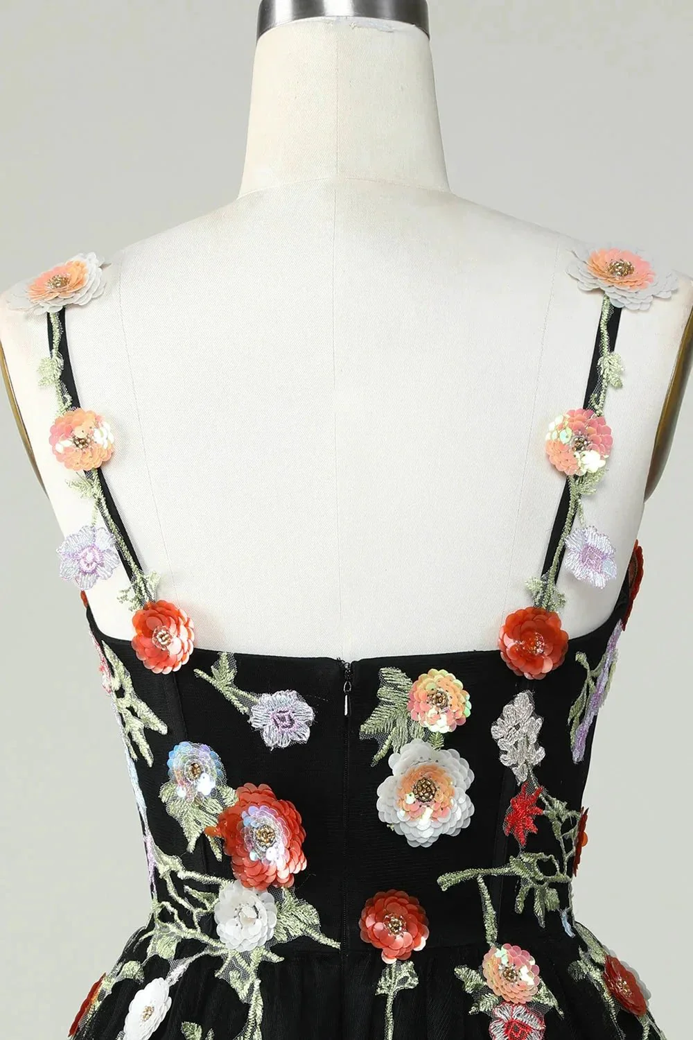 Black A Line Spaghetti Straps Sequin Homecoming Dress with Flowers - Image 5