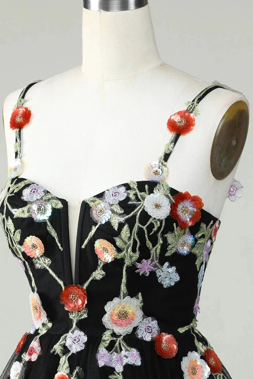 Black A Line Spaghetti Straps Sequin Homecoming Dress with Flowers - Image 6