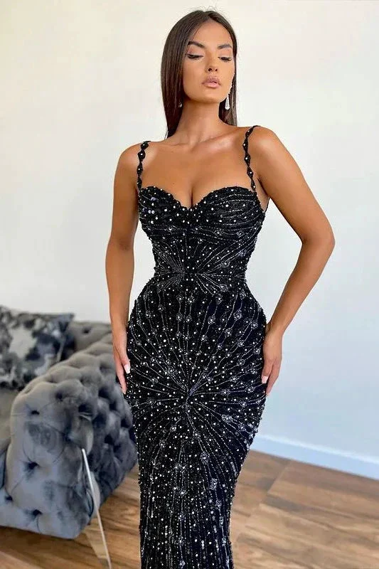 Spaghetti Straps Black Meimaid Long Prom Dress with Applique and Beads - Image 2