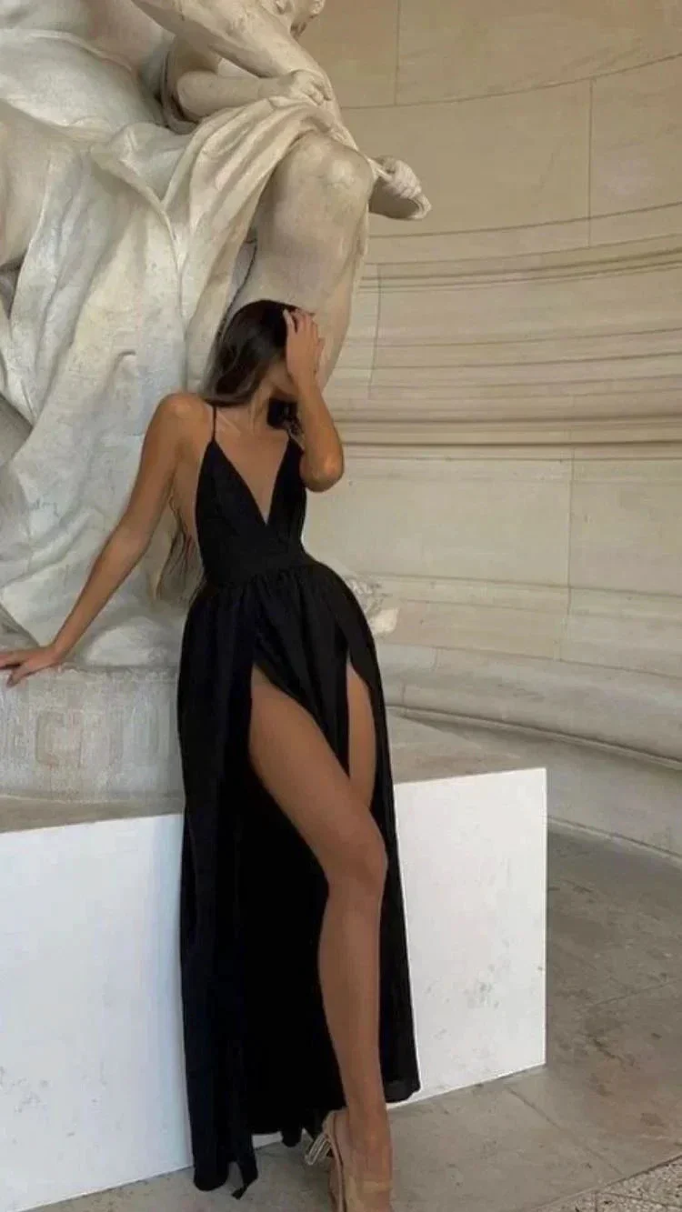 Spaghetti Straps Black Prom Dress V Neck Sexy Evening Dress High Split Party Dress Y1668 - Image 2