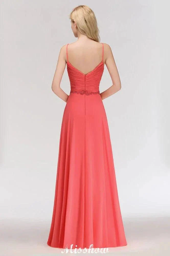 Spaghetti Straps Chiffon Aline Evening Maxi Gown Sleeveless Beading Bridesmaid Dress - Image 2