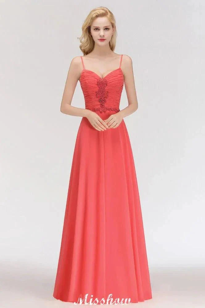 Spaghetti Straps Chiffon Aline Evening Maxi Gown Sleeveless Beading Bridesmaid Dress - Image 3