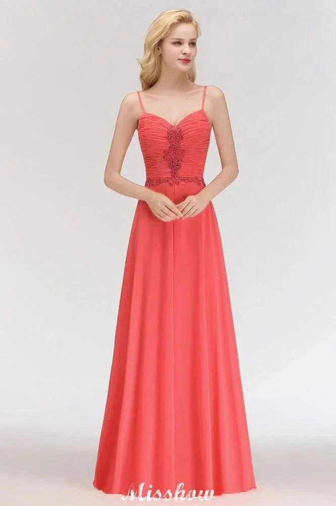 Spaghetti Straps Chiffon Aline Evening Maxi Gown Sleeveless Beading Bridesmaid Dress - Image 4