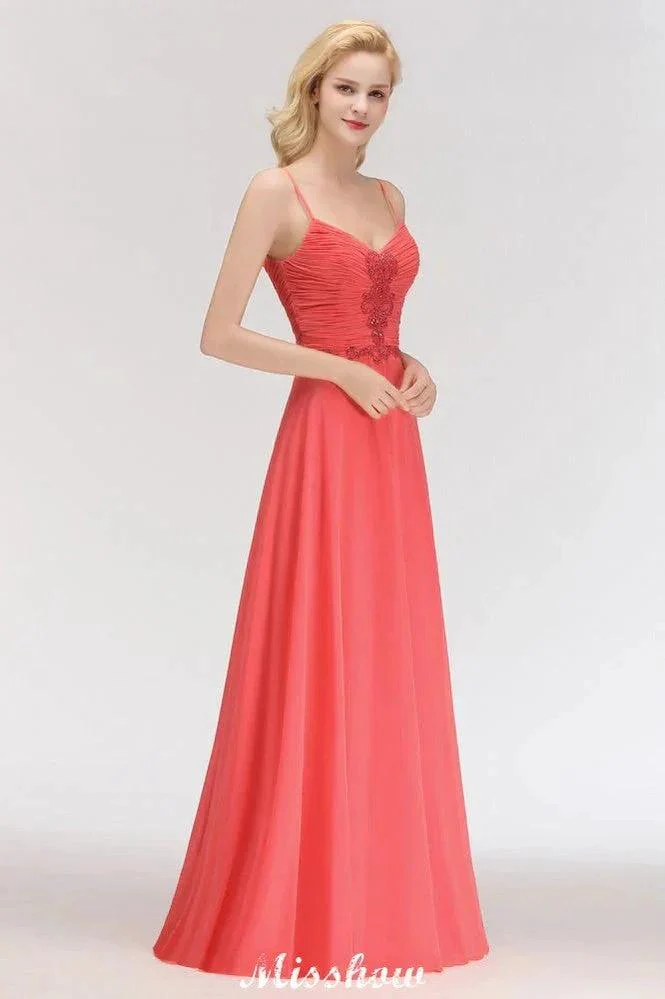 Spaghetti Straps Chiffon Aline Evening Maxi Gown Sleeveless Beading Bridesmaid Dress - Image 5