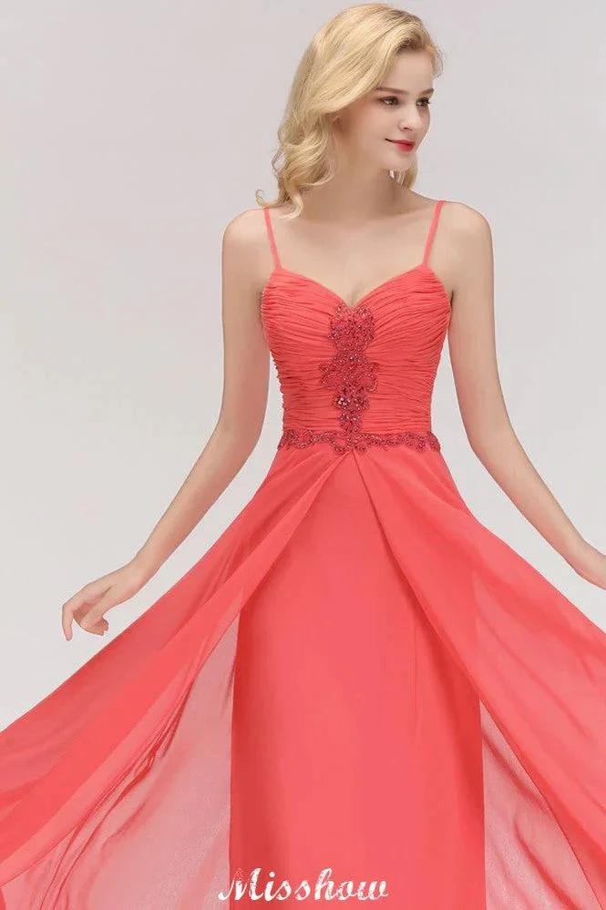 Spaghetti Straps Chiffon Aline Evening Maxi Gown Sleeveless Beading Bridesmaid Dress - Image 6
