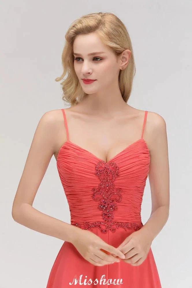 Spaghetti Straps Chiffon Aline Evening Maxi Gown Sleeveless Beading Bridesmaid Dress - Image 7