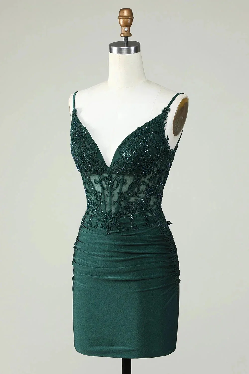 Bodycon Dark Green Spaghetti Straps Corset Homecoming Dress with Beading - Image 3