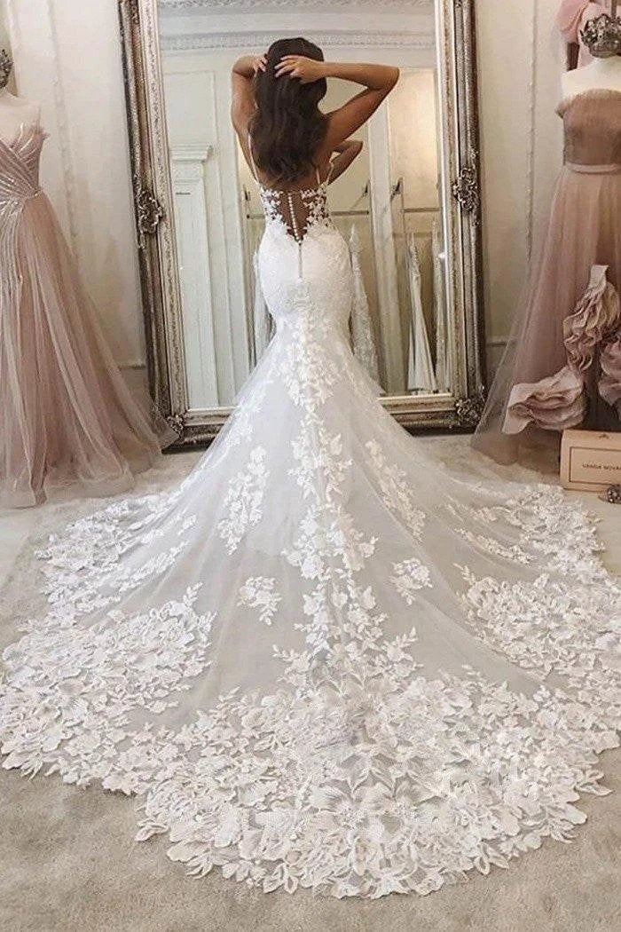 Spaghetti Straps Deep V Neck Mermaid Sweep Train Wedding Dress WD513 - Image 2