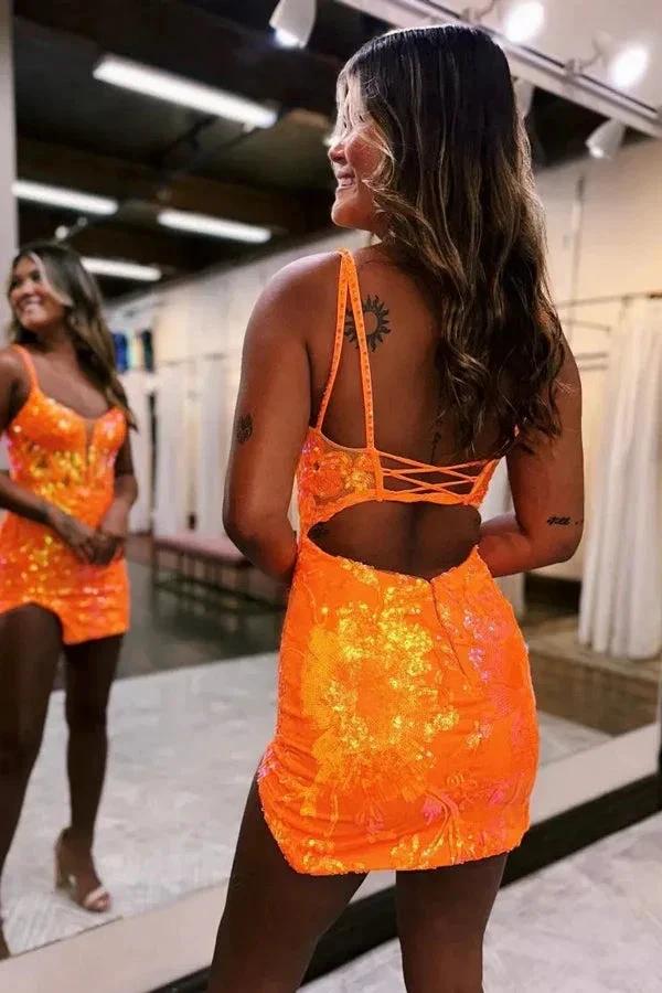 Spaghetti Straps Tight Orange Homecoming Dress Short Prom Dress PD525 - Image 2