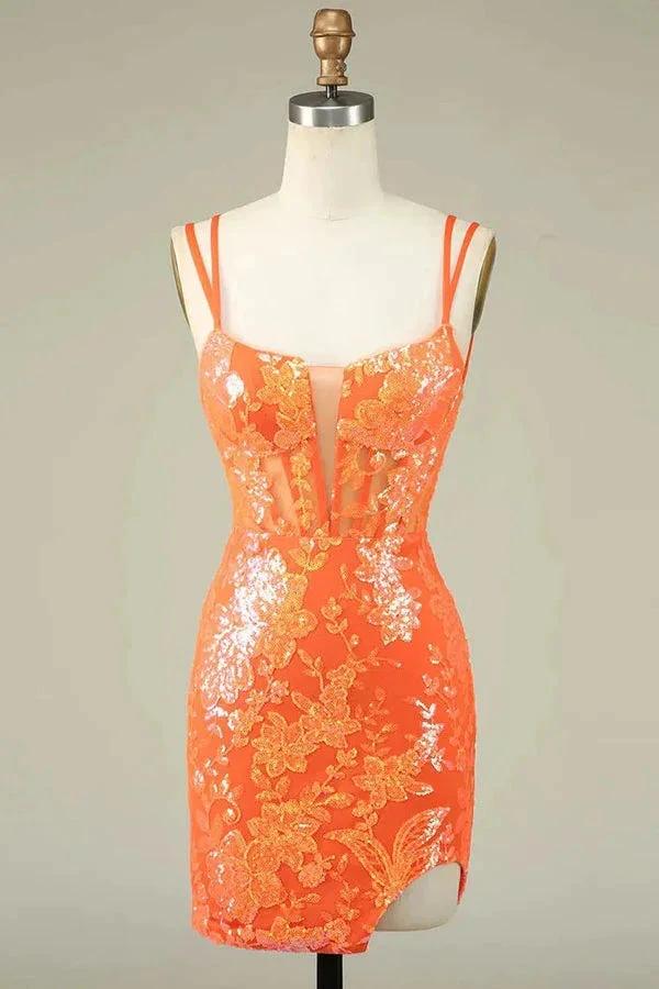 Spaghetti Straps Tight Orange Homecoming Dress Short Prom Dress PD525 - Image 3
