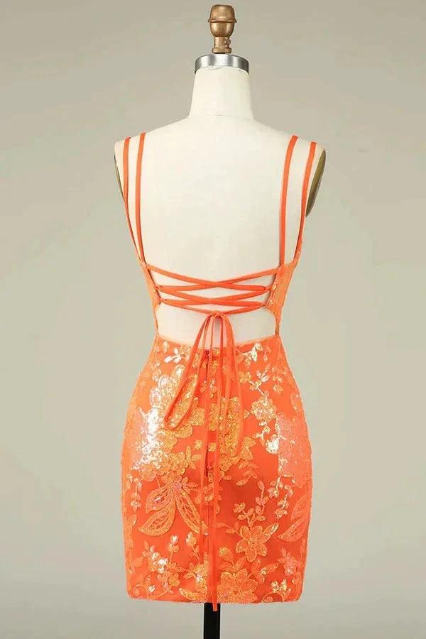 Spaghetti Straps Tight Orange Homecoming Dress Short Prom Dress PD525 - Image 4