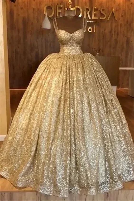 Spaghetti Straps Gold Evening Dress | Luxury Ball Gown Princess Prom Dress S19116 - Image 2