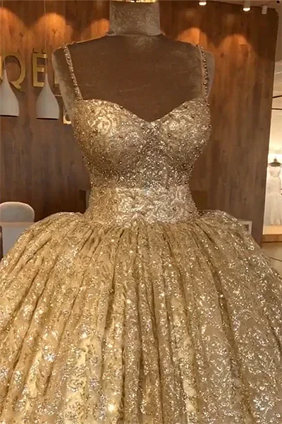 Spaghetti Straps Gold Evening Dress | Luxury Ball Gown Princess Prom Dress S19116 - Image 3