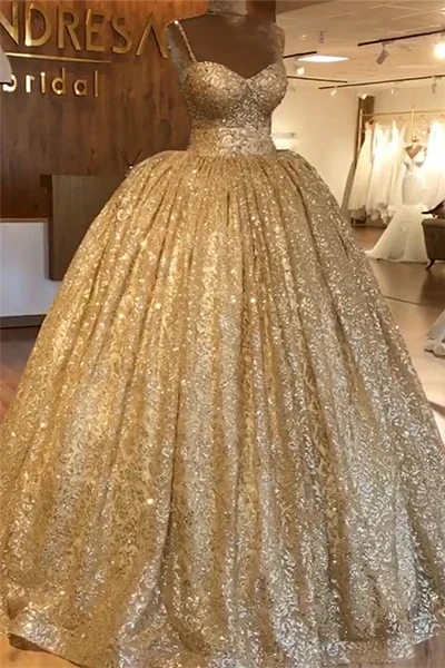 Spaghetti Straps Gold Evening Dress | Luxury Ball Gown Princess Prom Dress S19116 - Image 4