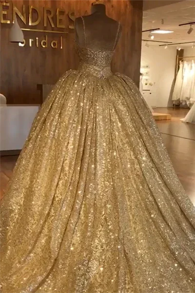 Spaghetti Straps Gold Evening Dress | Luxury Ball Gown Princess Prom Dress S19116 - Image 5