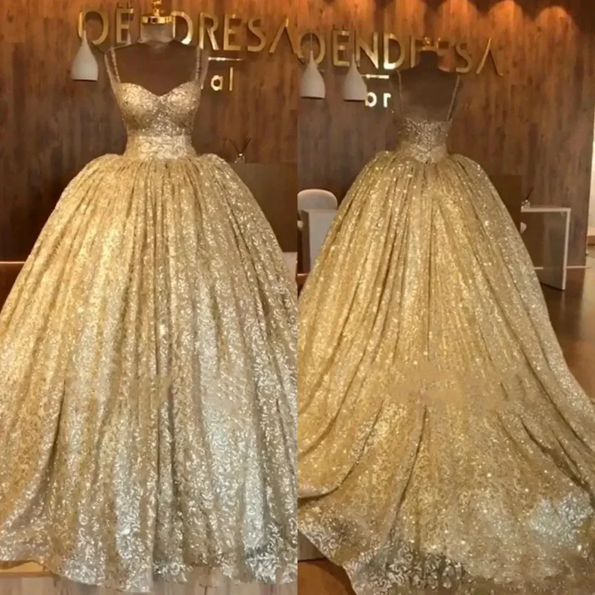 Spaghetti Straps Gold Evening Dress | Luxury Ball Gown Princess Prom Dress S19116 - Image 6