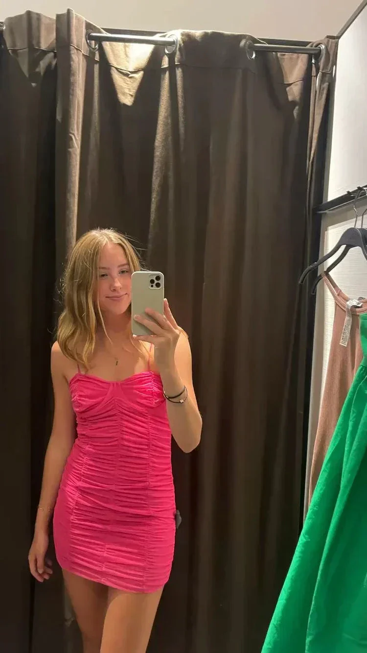 Spaghetti Straps Hot Pink Homecoming Dress Hot Pink Dress Y2272 - Image 2
