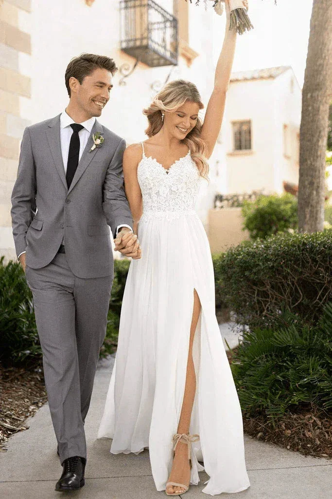 Spaghetti Straps Lace Split Chiffon Long Beach Wedding Dresses WD576 - Image 2