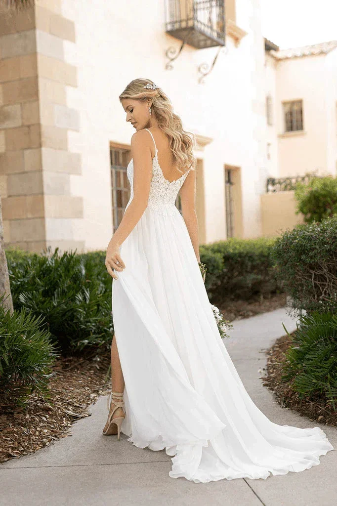 Spaghetti Straps Lace Split Chiffon Long Beach Wedding Dresses WD576 - Image 3
