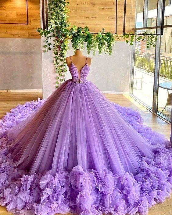 Spaghetti Straps Lavender Beading Bodice Tulle Ball Gown with Handmade Flowers Y97 - Image 2
