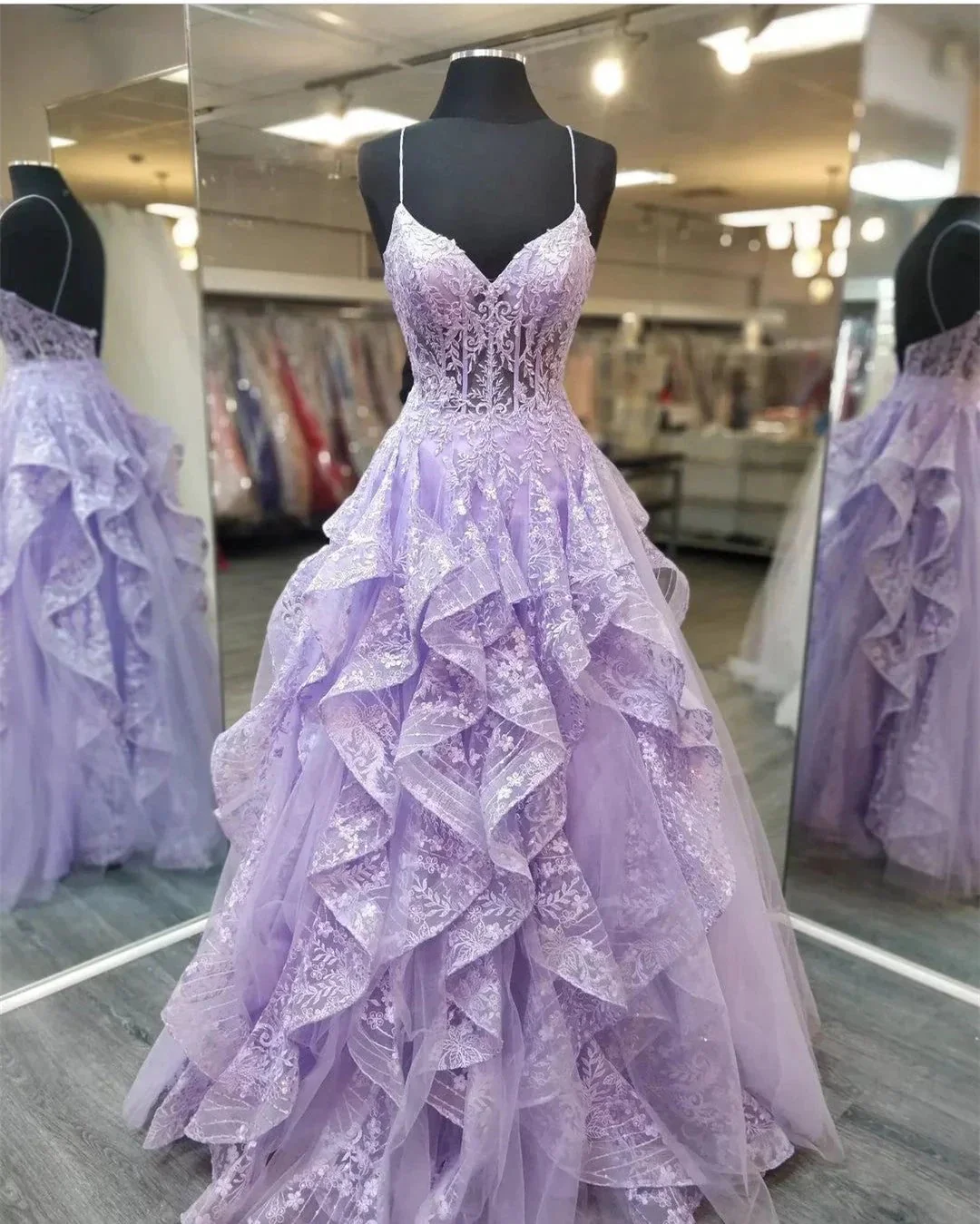 Spaghetti Straps Lilac Prom Dresses Evening Gowns with Sheer Bodice Y1513 - Image 2