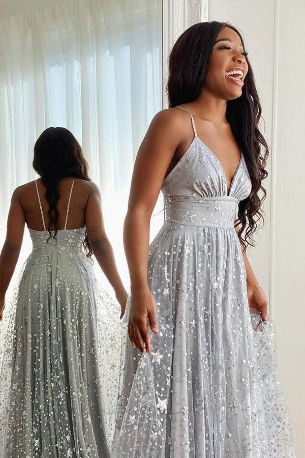Spaghetti Straps Long Silver Tulle Prom Evening Dress With Split PSK369 - Image 3