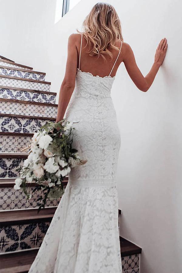 Spaghetti Straps Mermaid All Over Lace Ivory Wedding Dress WD061 - Image 2