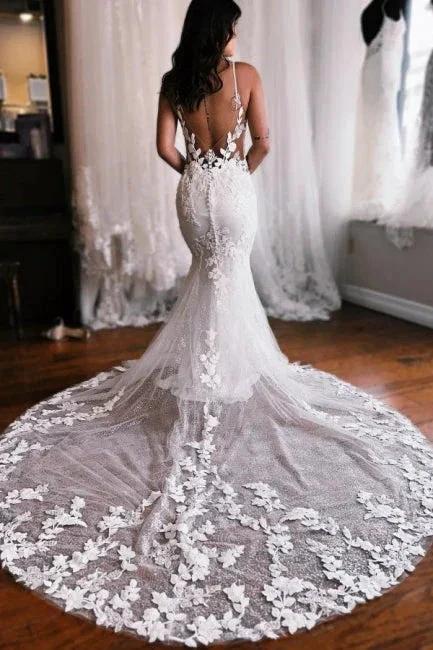 Spaghetti Straps Mermaid Floor Length Lace Wedding Dress with Chapel Train - Image 2
