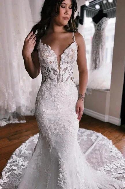 Spaghetti Straps Mermaid Floor Length Lace Wedding Dress with Chapel Train - Image 3