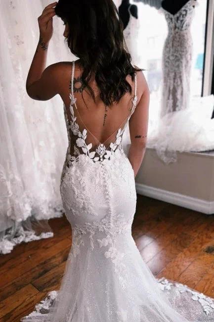Spaghetti Straps Mermaid Floor Length Lace Wedding Dress with Chapel Train - Image 4