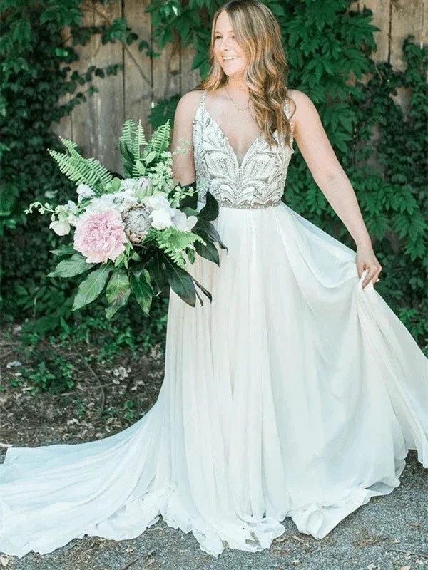 Spaghetti Straps Neckline A-line Rustic Wedding Dresses With Beaded WD549 - Image 2
