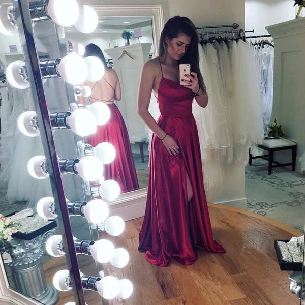Spaghetti Straps Open Back Floor Length Prom Dress With Slit - Image 2