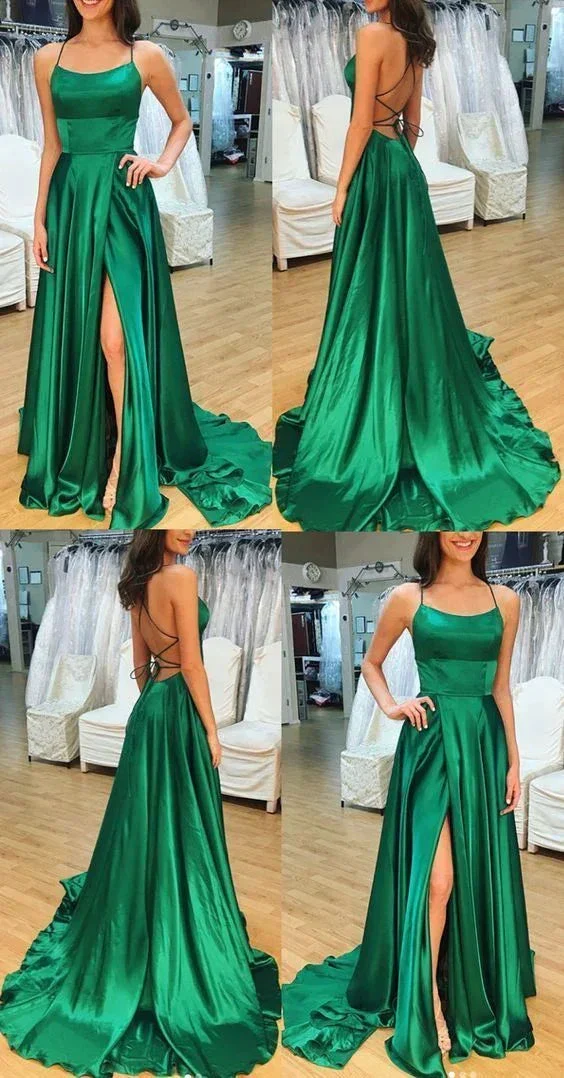 Spaghetti Straps Open Back Prom Dress Satin Formal Evening Gown Y184 - Image 2