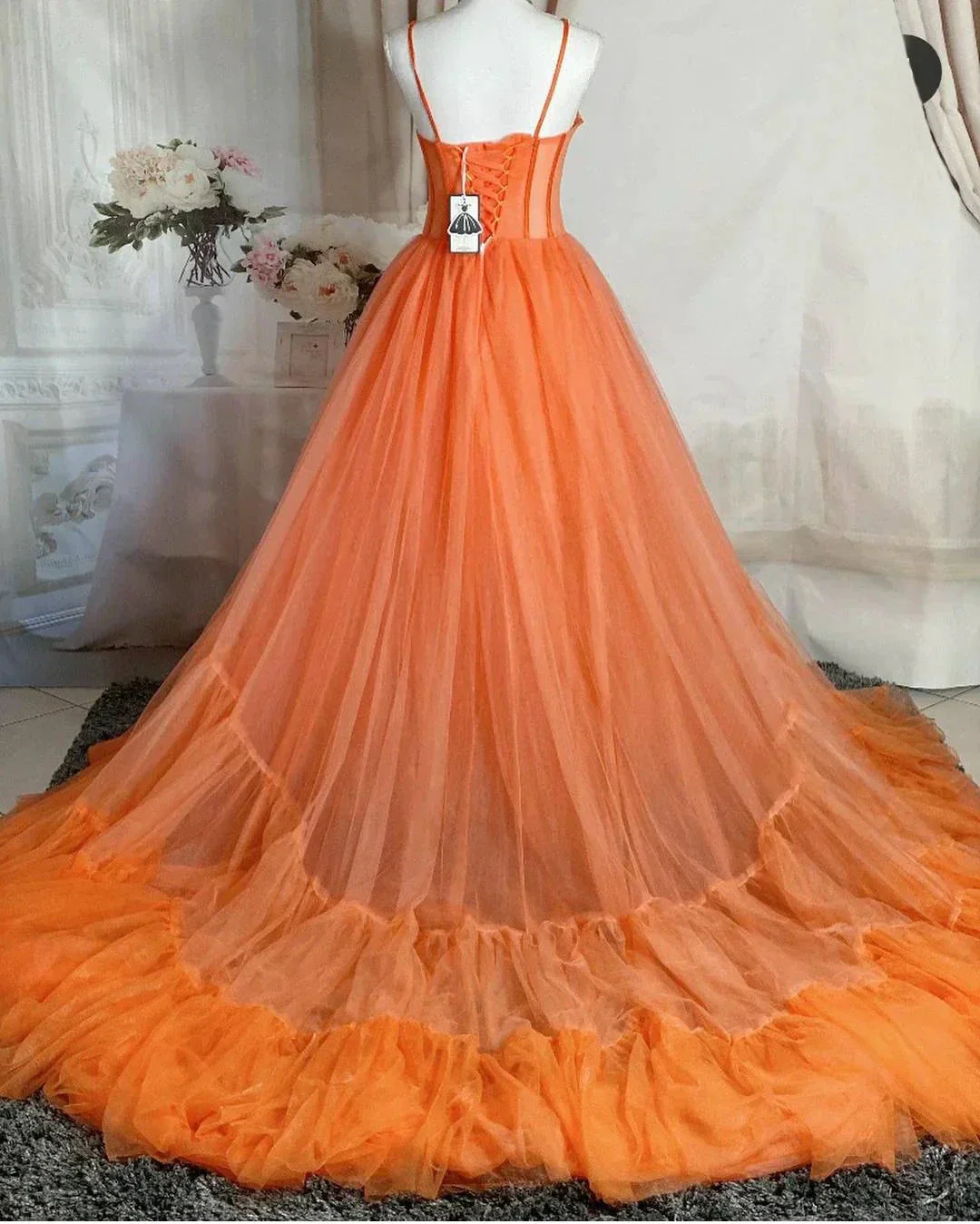 Spaghetti Straps Orange Tulle Evening Dress,Sexy Prom Gown Y1243 - Image 2