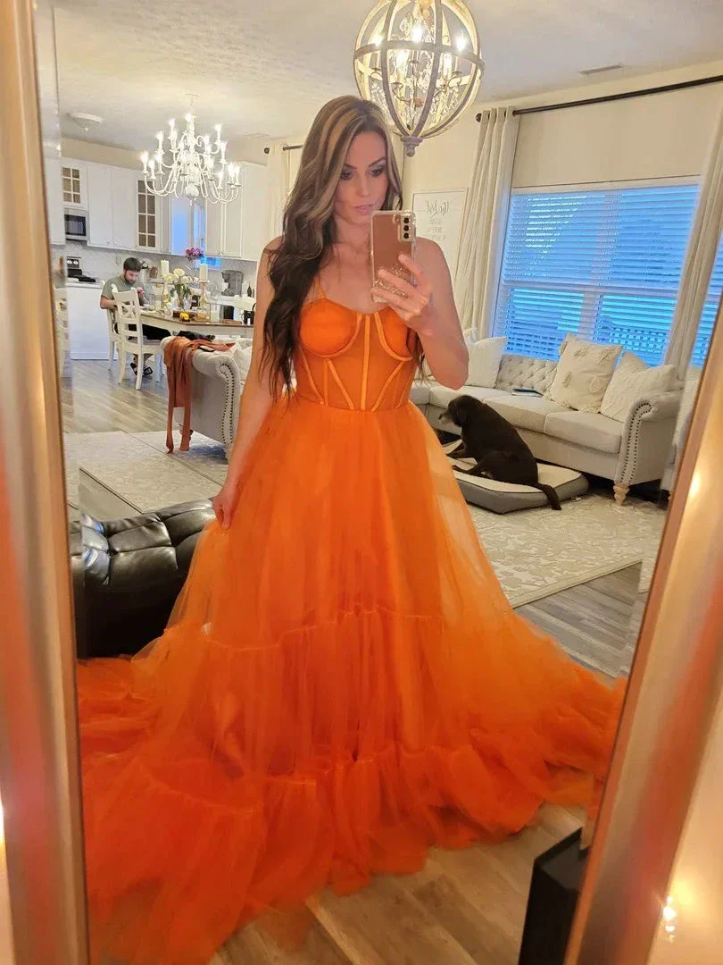Spaghetti Straps Orange Tulle Evening Dress,Sexy Prom Gown Y1243 - Image 3