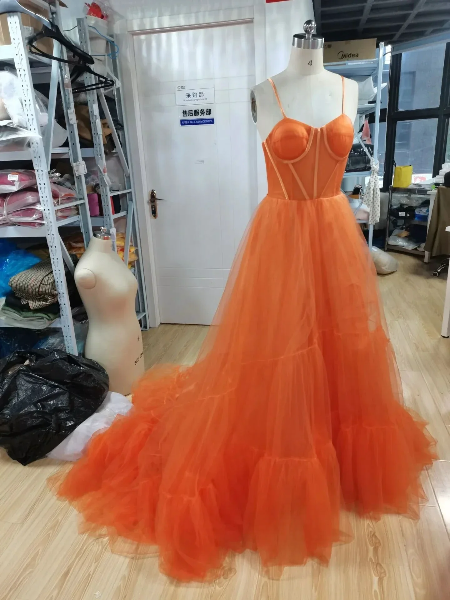Spaghetti Straps Orange Tulle Evening Dress,Sexy Prom Gown Y1243 - Image 4