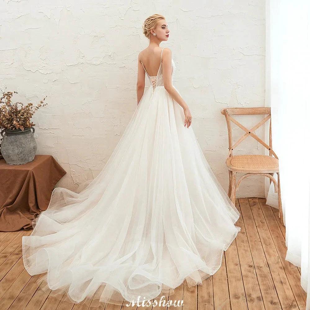 Spaghetti Straps Plunging V-Neck Wedding Dress Low Back Champagne Bridal Gown - Image 10