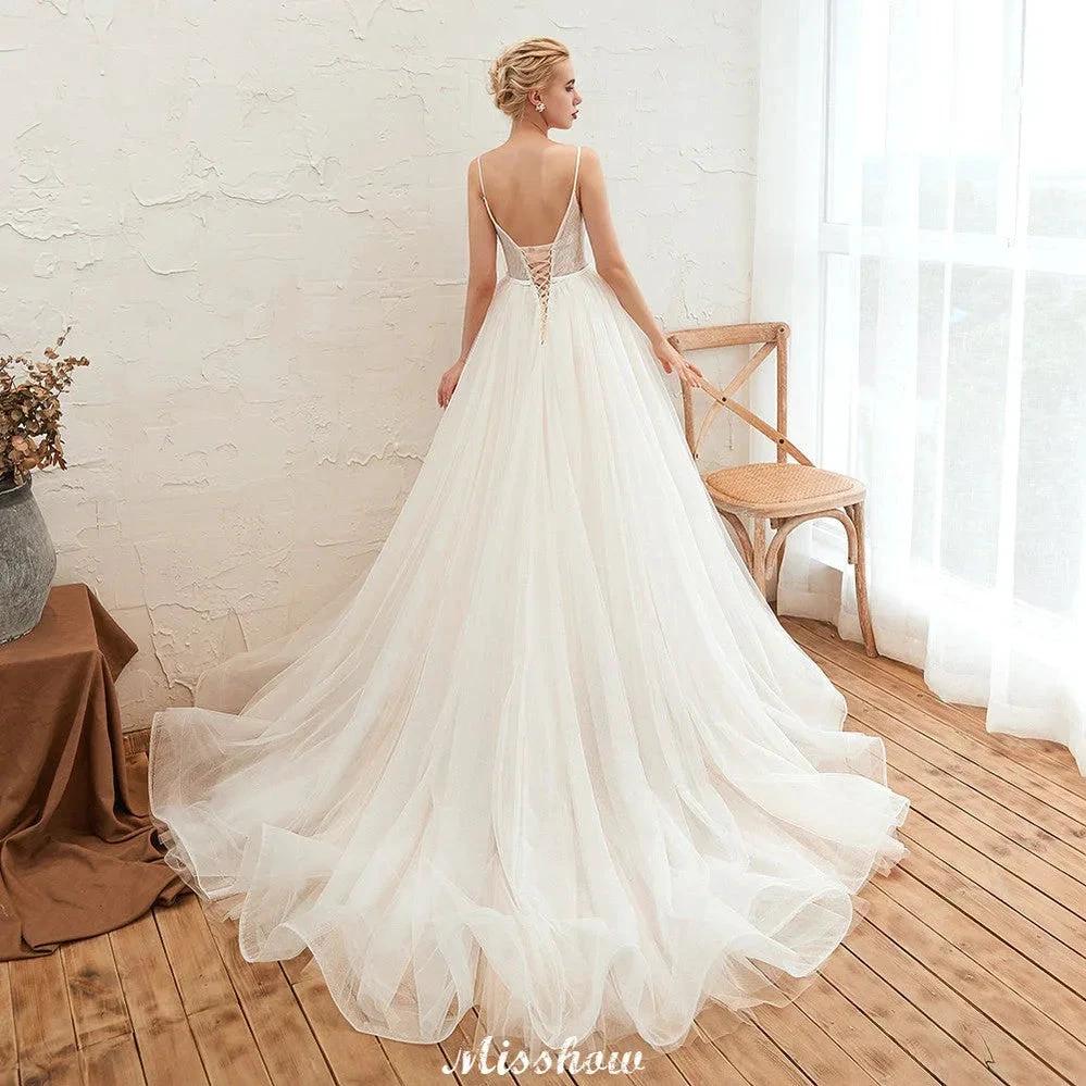Spaghetti Straps Plunging V-Neck Wedding Dress Low Back Champagne Bridal Gown - Image 2