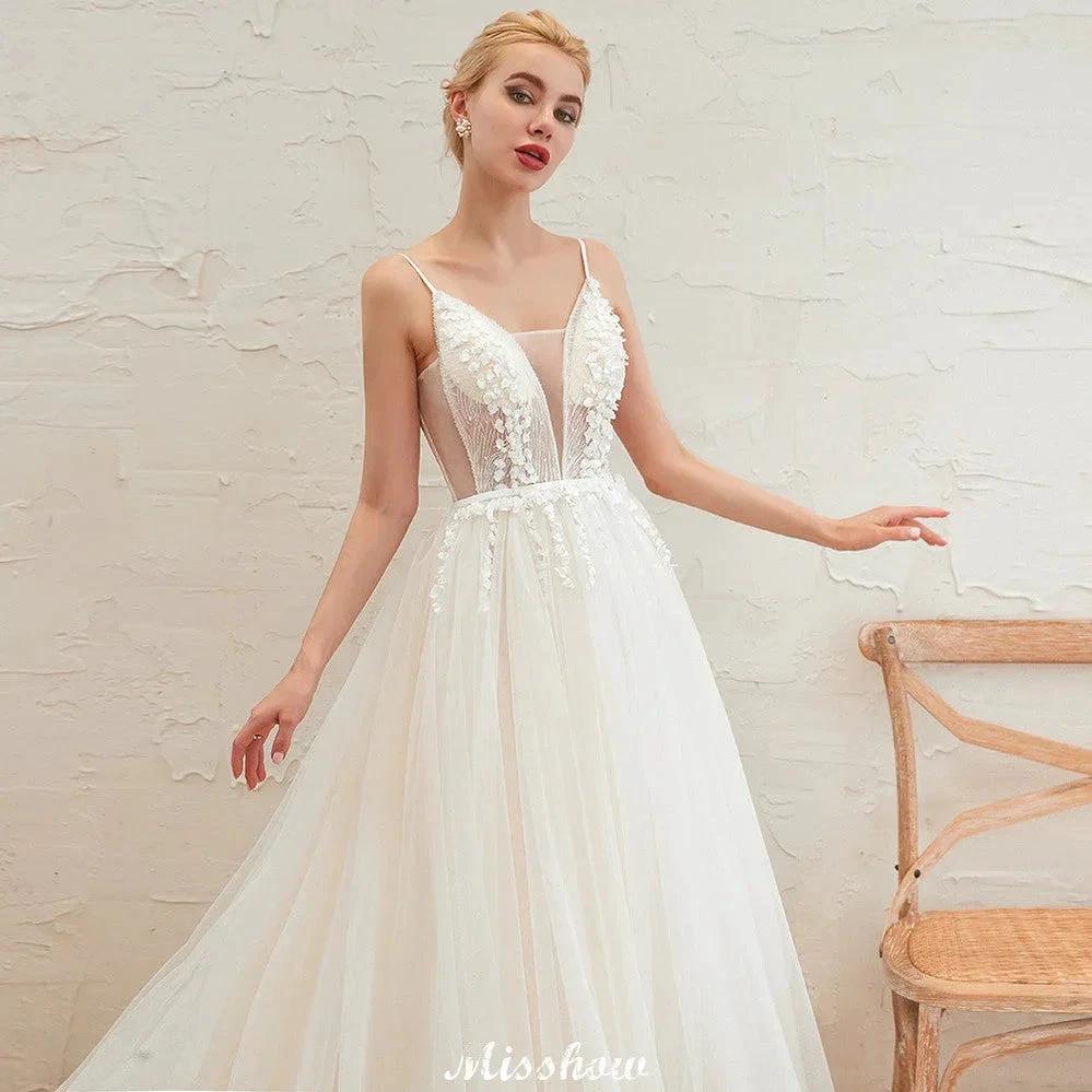 Spaghetti Straps Plunging V-Neck Wedding Dress Low Back Champagne Bridal Gown - Image 3