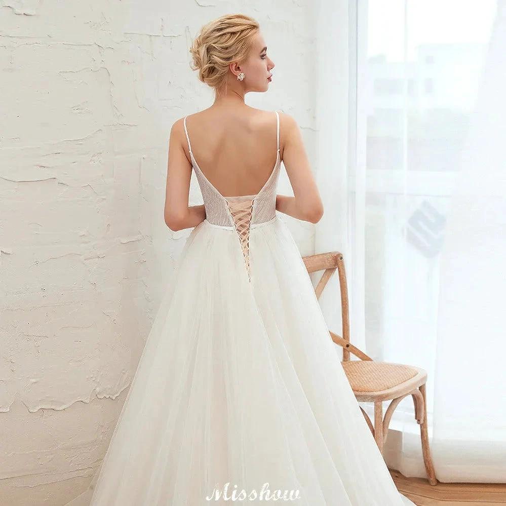 Spaghetti Straps Plunging V-Neck Wedding Dress Low Back Champagne Bridal Gown - Image 4