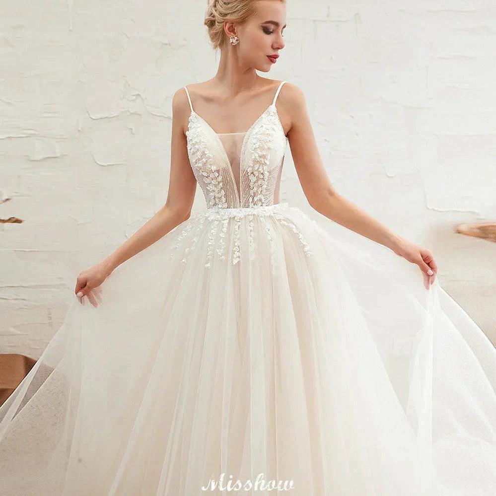 Spaghetti Straps Plunging V-Neck Wedding Dress Low Back Champagne Bridal Gown - Image 5