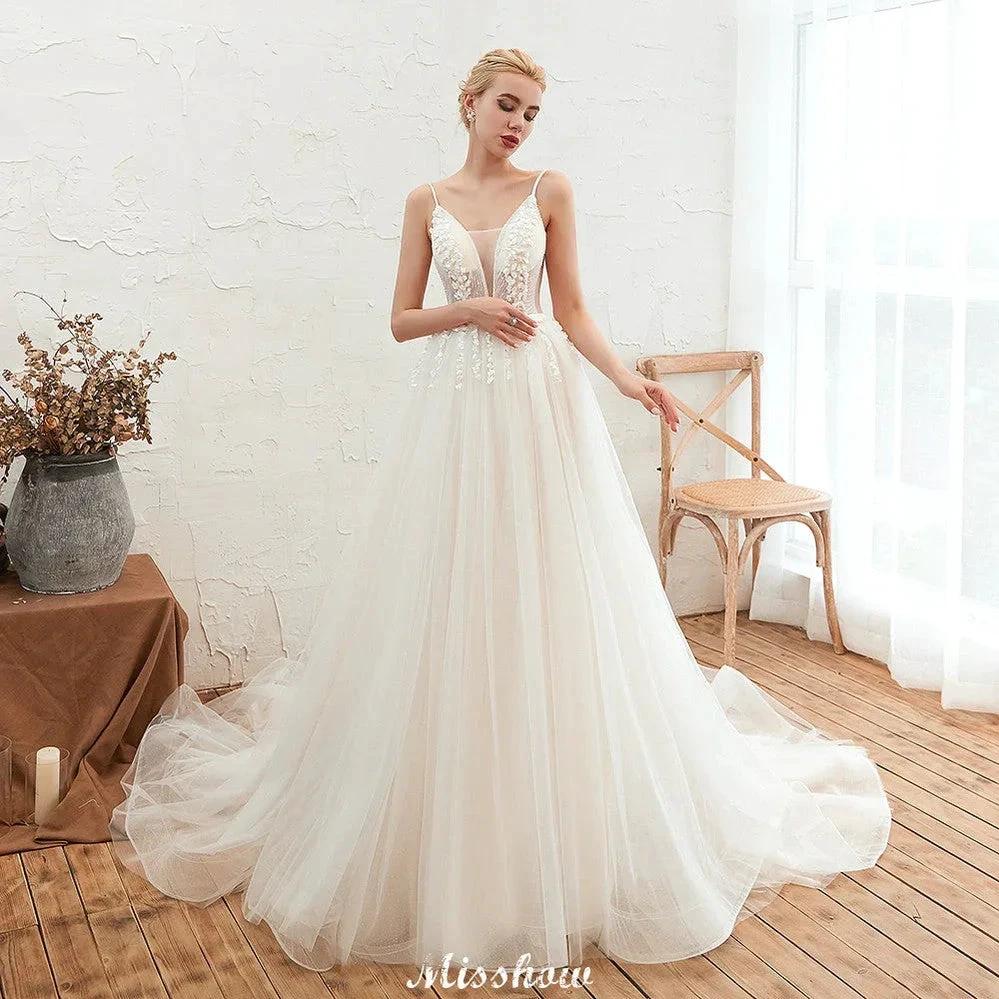 Spaghetti Straps Plunging V-Neck Wedding Dress Low Back Champagne Bridal Gown - Image 6