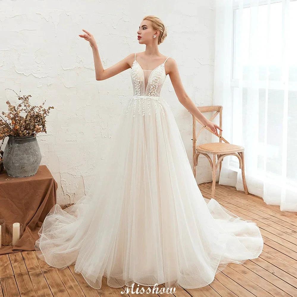 Spaghetti Straps Plunging V-Neck Wedding Dress Low Back Champagne Bridal Gown - Image 7