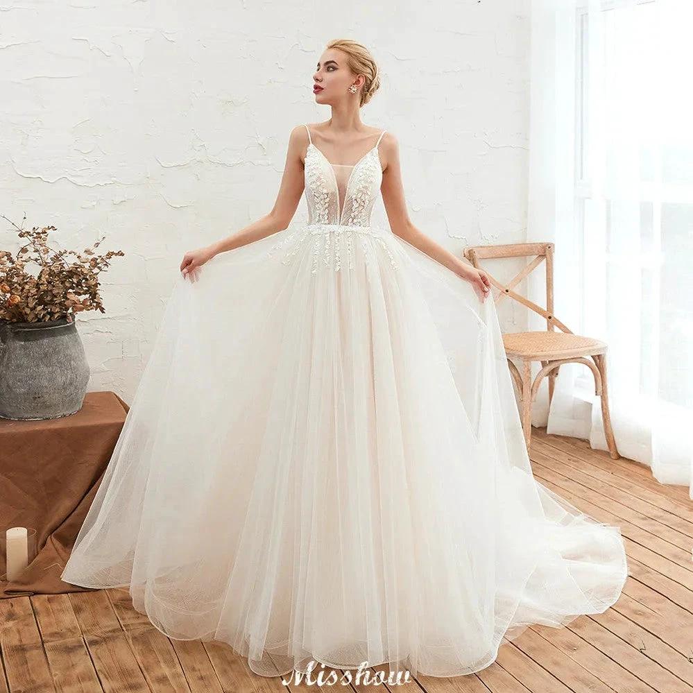 Spaghetti Straps Plunging V-Neck Wedding Dress Low Back Champagne Bridal Gown - Image 8